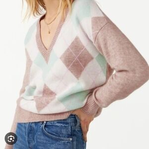 &Other Stories Mo-hair Classic V-Neck Argyle Sweater Tan White & Mint Oversized
